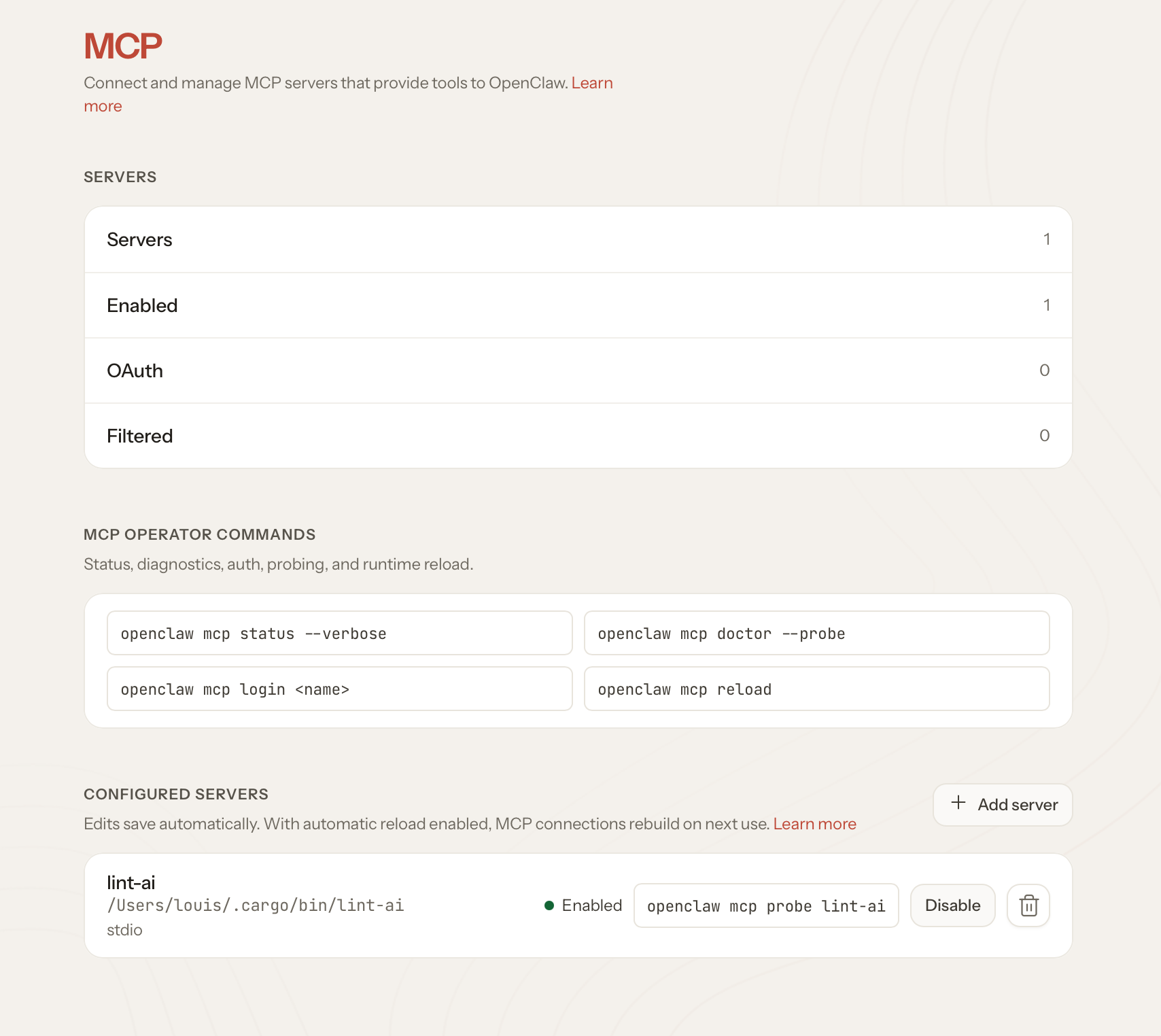 membrick MCP server enabled in OpenClaw