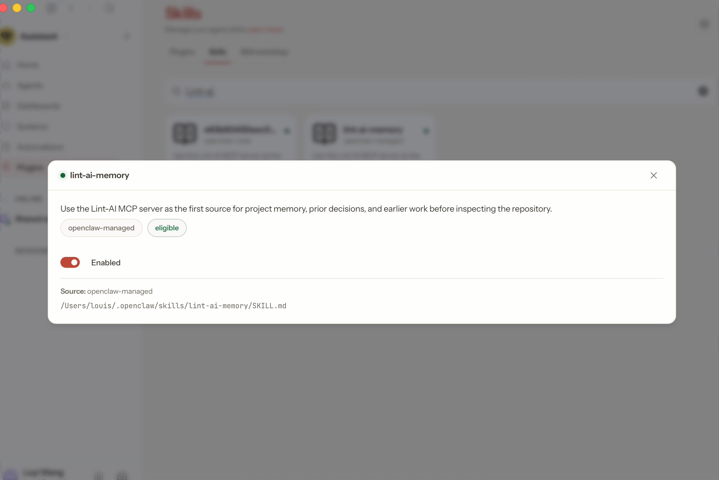 Membrick memory skill enabled in OpenClaw